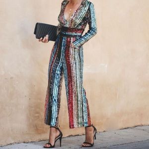 Pocketed Sequin Disco Stripe Jumpsuit